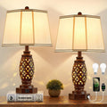 Bedside lamp set (2-pack) - 23.5-inch vintage table lamp, equipped with USB A+C ports and night light function - brown carved resin farmhouse style desk lamp, suitable for bedroom, side table and living room, bulbs included