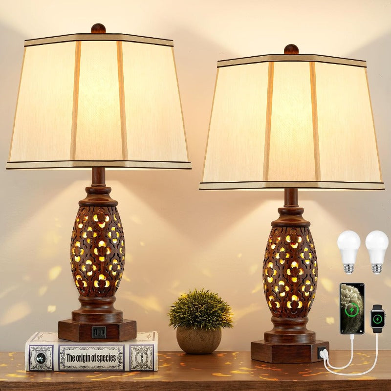 Bedside lamp set (2-pack) - 23.5-inch vintage table lamp, equipped with USB A+C ports and night light function - brown carved resin farmhouse style desk lamp, suitable for bedroom, side table and living room, bulbs included