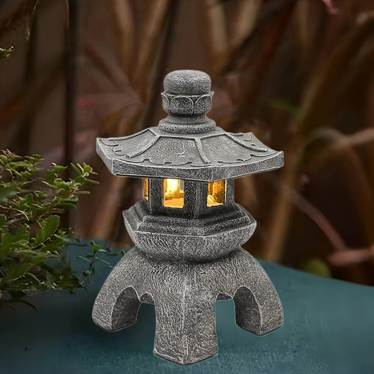 Garden Solar Glazed Pagoda Lamp Statue, Suitable for Indoor and Outdoor Use, Perfect for Adding a Touch of Zen Asian Style to Your Landscape, Balcony, Garden, Patio or Porch. Made of Polyester Resin with Grey Stone Base