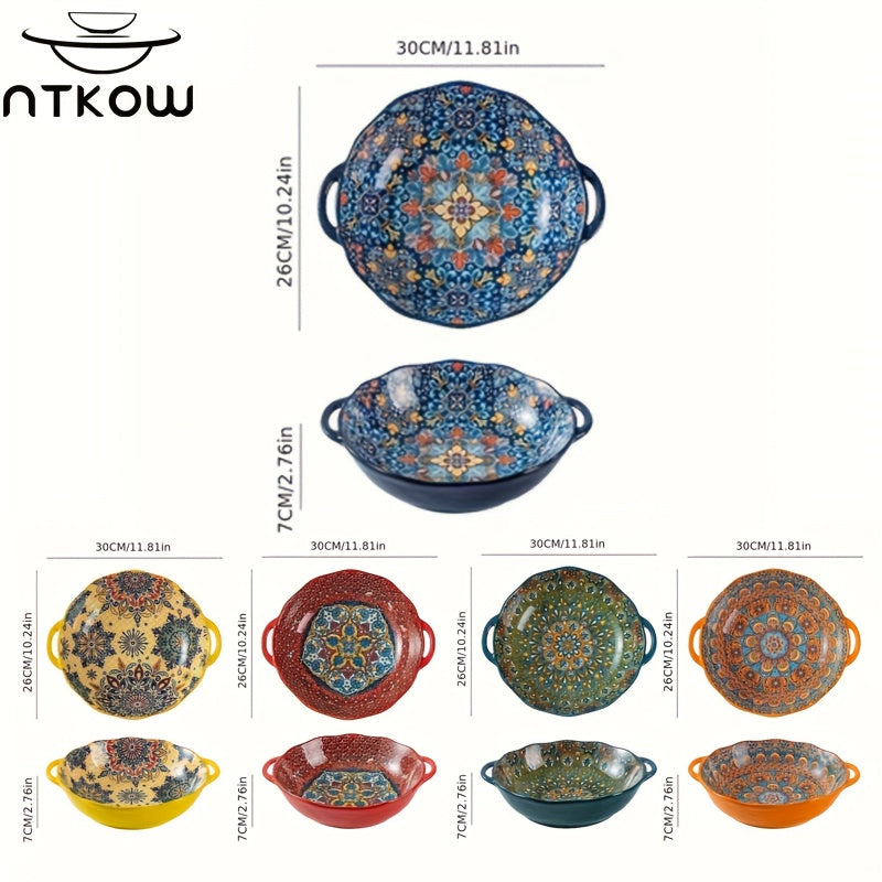 NTKOW 1 Piece Bohemian Style Large Soup Bowl / Soup Pot! Extra-Large Size with Double Ear Handles, Microwave Safe. Ideal for Family Soups or Gatherings. Suitable for Sea Shipping – Sturdy Design Ensures Transport Safety