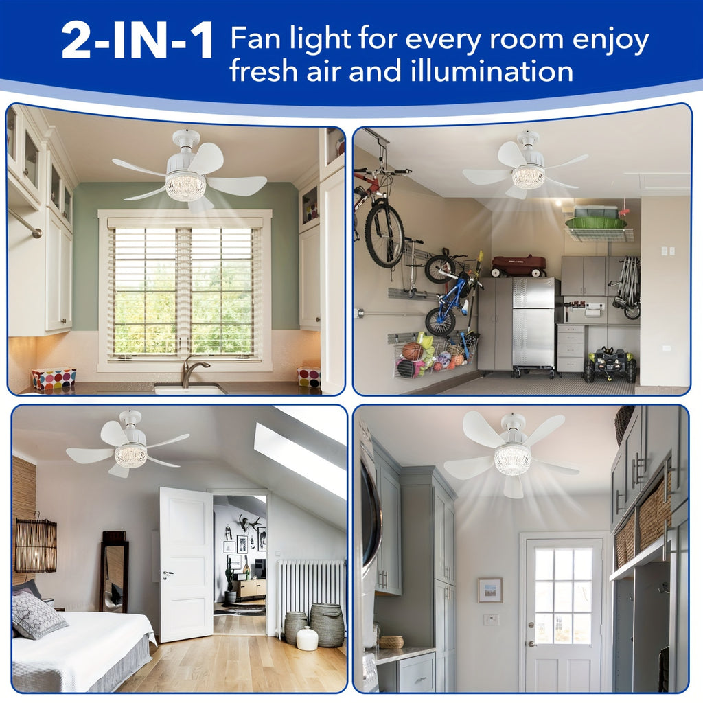 Socket Fan with Light, Screw-In Flush Mount Fan with Light and Remote Control, E26/E27 Easy Install Ceiling Fan, Mini Base Ceiling Fan Bulb Replacement, Dimmable Socket Fan Ceiling Light