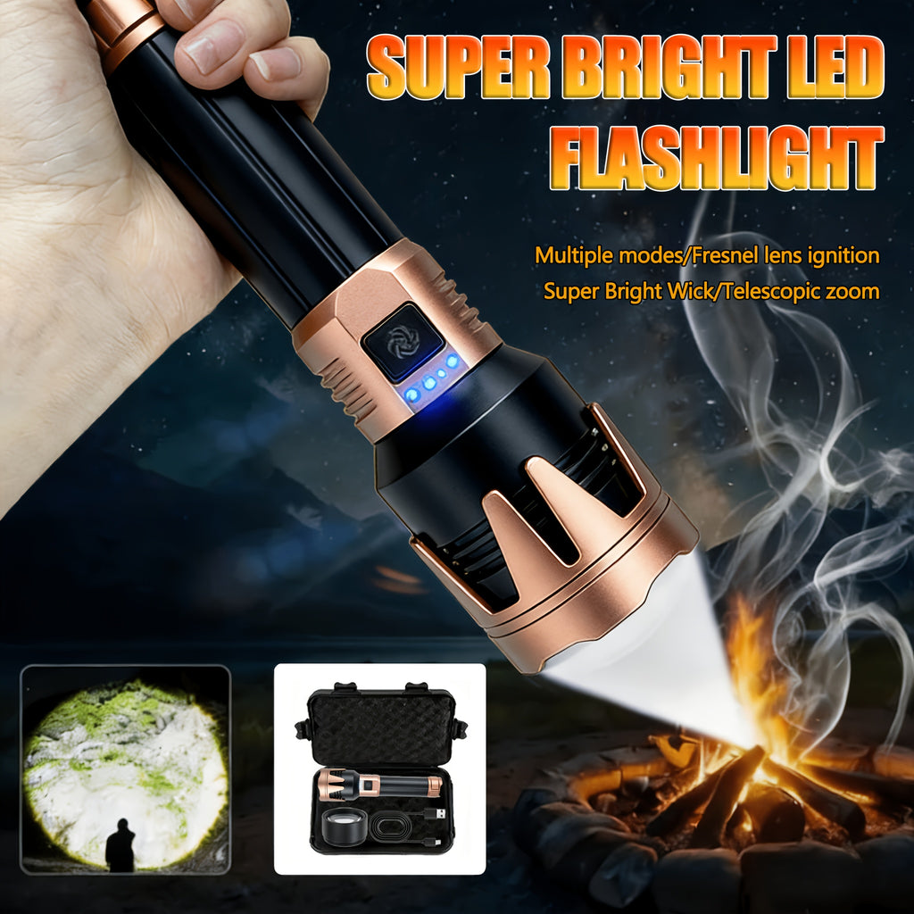 All-Aluminum Flashlight, Includes Small Storage Pouch, Equipped with Durable 5000mAh Battery, Zoomable Lens, Fresnel Lens Ignition Function, A Great Gift Idea. Features a Hands-Free Lanyard Design