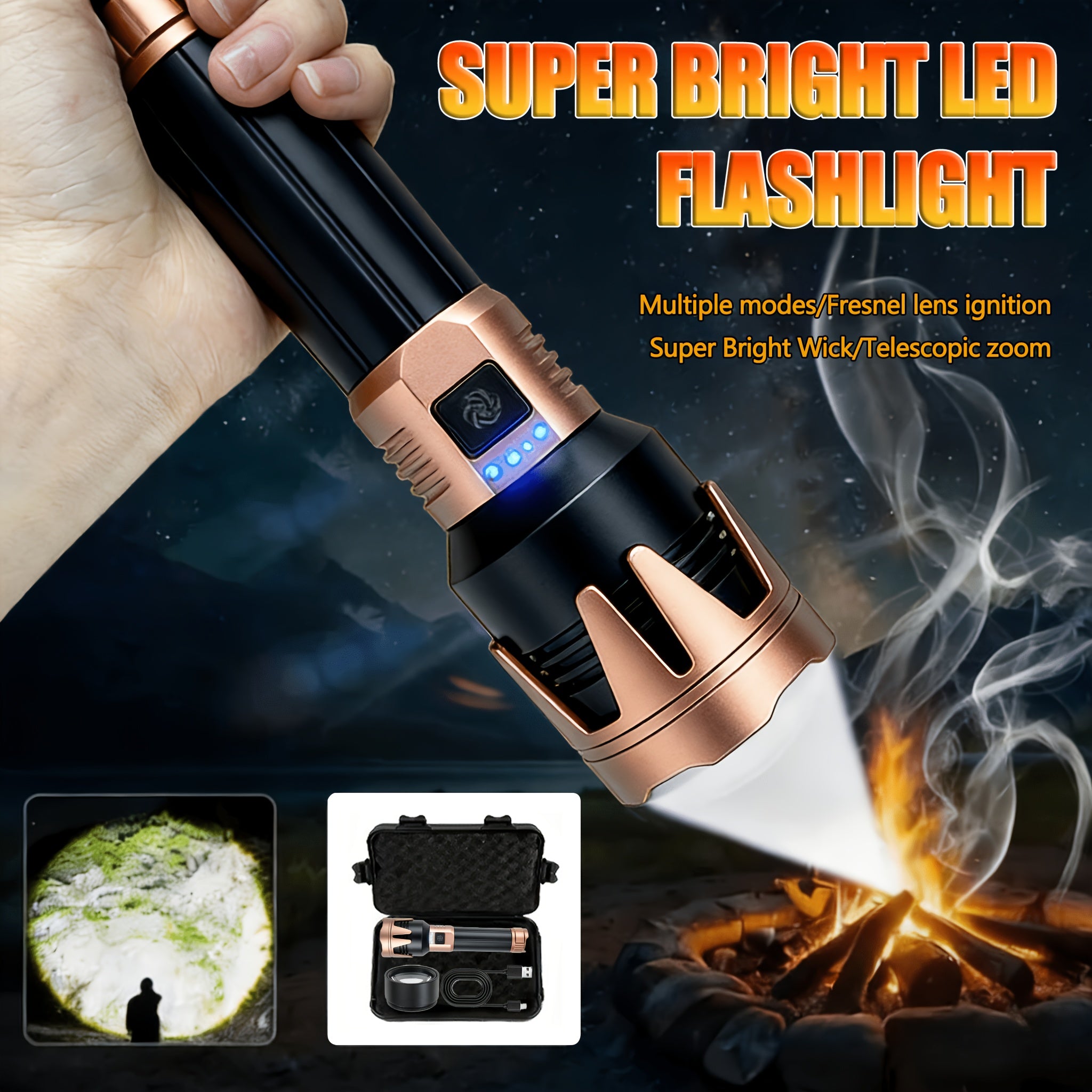 All-Aluminum Flashlight, Includes Small Storage Pouch, Equipped with Durable 5000mAh Battery, Zoomable Lens, Fresnel Lens Ignition Function, A Great Gift Idea. Features a Hands-Free Lanyard Design