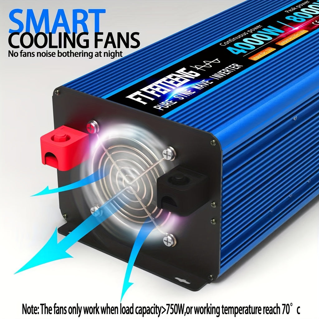 8000W峰值4000W持续高功率纯正弦波车载电源逆变器， 12V 转 AC 220V230V，高功率工业逆变器，适用于房车、户外露营、空调，带过载保护，无电池，适合手机、笔记本电脑及其他设备