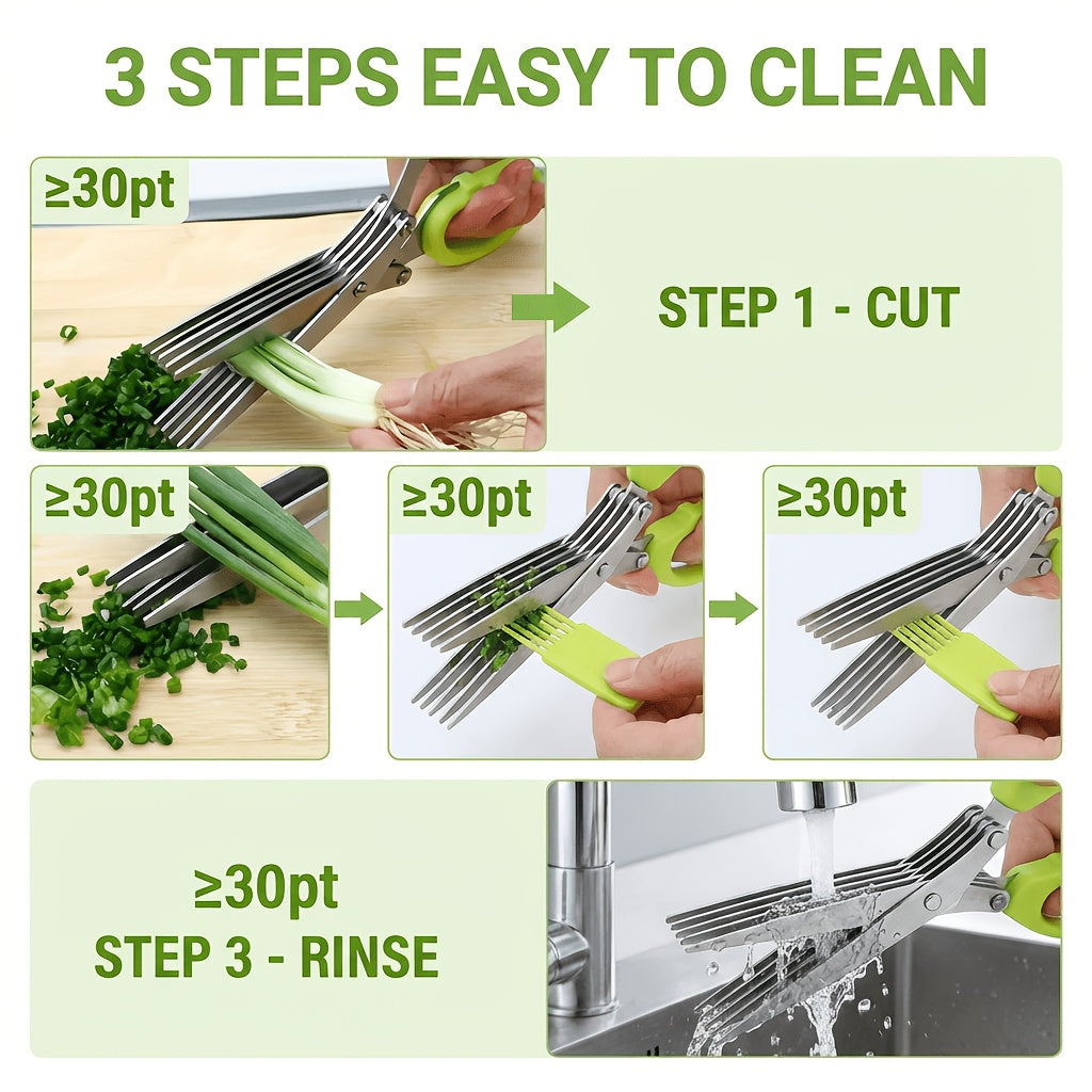5-Layer Stainless Steel Kitchen Scissors - Multifunctional Onion & Herb Chopper, Suitable for BBQ & Indoor Use, with Protective Cover & Built-in Cleaner, Durable