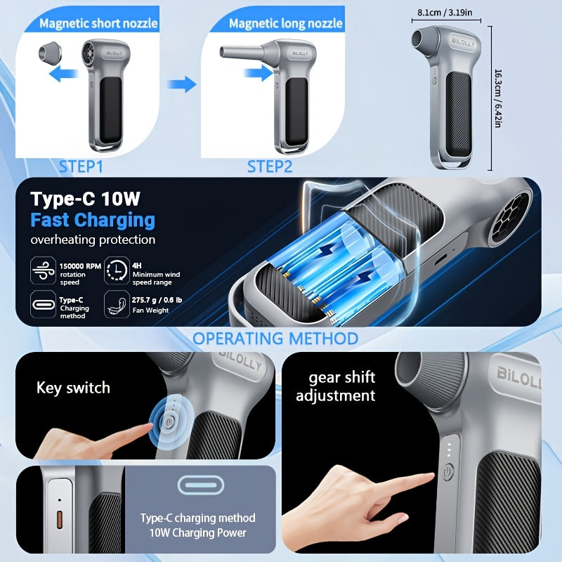 High Power Compressed Air Duster - 100000/130000/150000 RPM Multi Speed Adjustment - 8000mAh Powerful Fan | Cooling Handheld Turbo Fan for Dust Removal, Snow Clearing, Camping, Keyboard Cleaning, Car Detailing, Men Mini Tool Gift