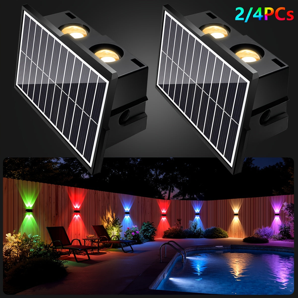 2/4-Piece - Solar Fence Light, Solar Up and Down Light, Wall Washer Light, Solar Outdoor Light, Adjustable RGB Solar Light, Bright Solar Garden Light, Suitable for Outdoor Courtyard, Garden, Patio, Yard, Fence, Alley, Decoration
