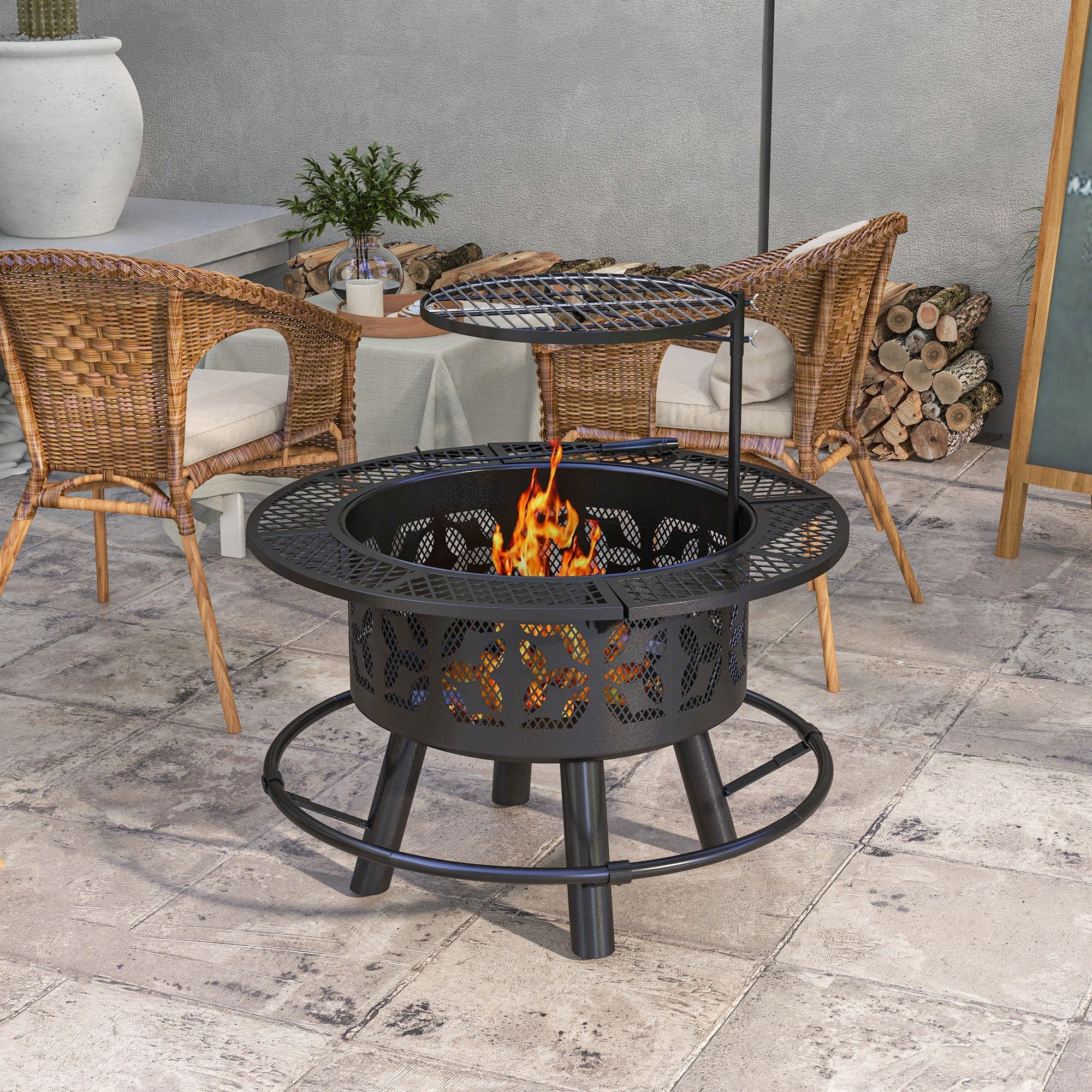 2-in-1 Fire Pit & Charcoal BBQ Grill, 33-Inch Portable Wood Burning Fire Pit with Adjustable Cooking Grate, Pan & Poker, Camping Bonfire Stove, Black