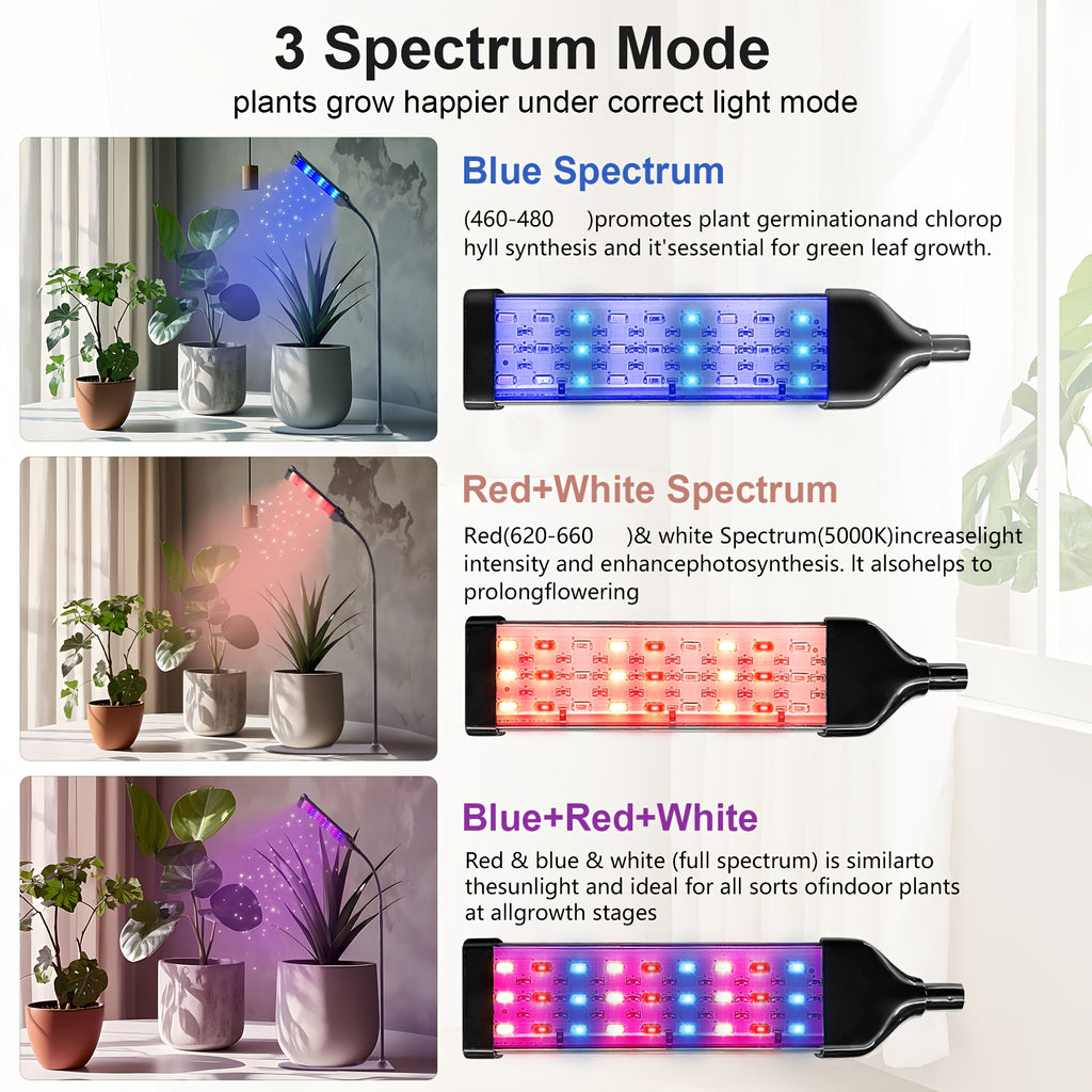 Square tube base LED grow light, multi-functional indoor plant lighting, with USB timer dimming, plant growth promoting light, 3 mode switching, promotes healthy plant growth