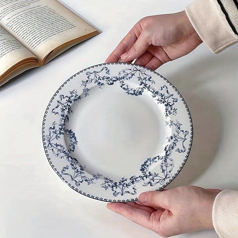 Vintage Floral Flat Plate, Mid-Century Style Dinnerware, Ceramic Plate for Western Food, Pasta, Dessert, Cake, Breakfast