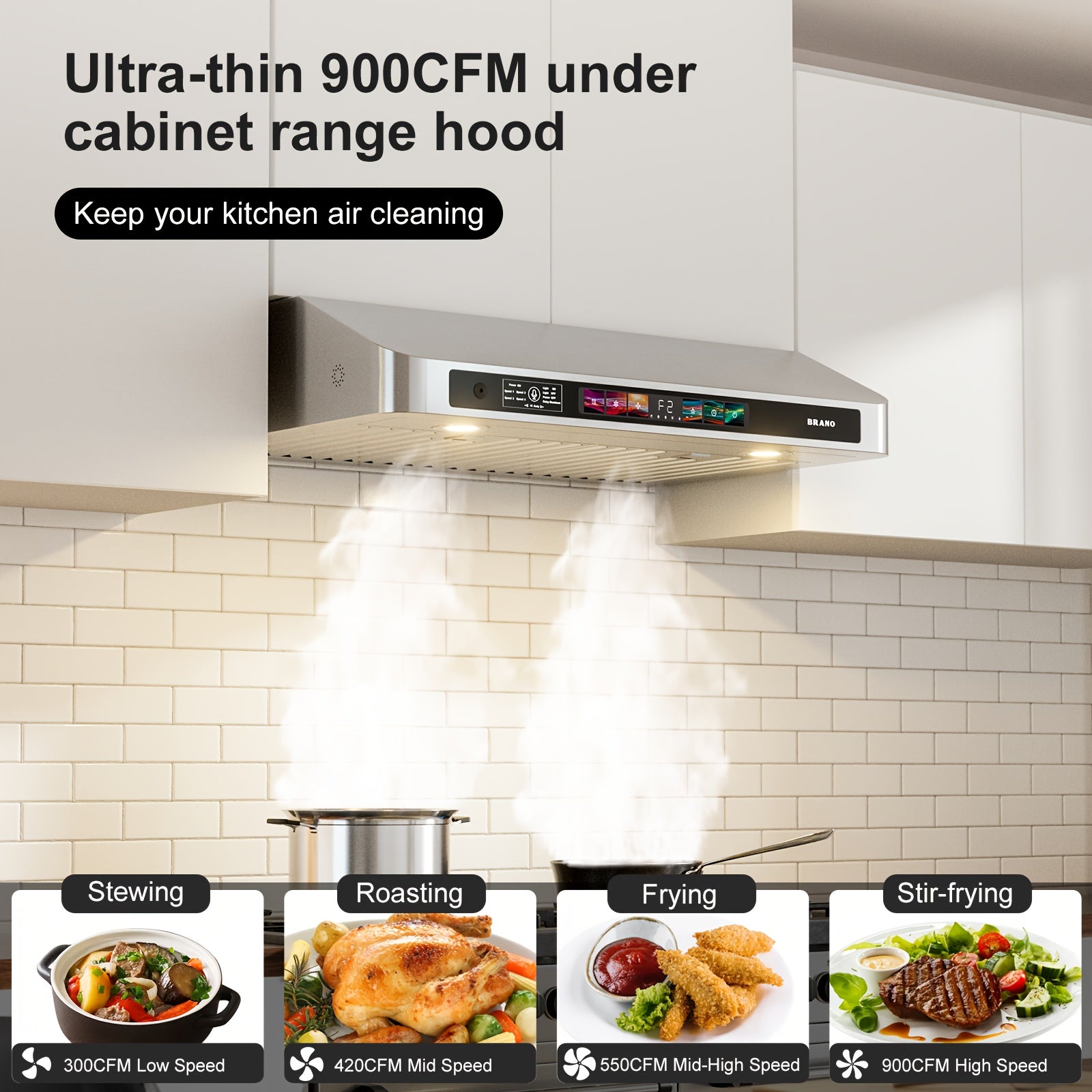 BRANO 36-Inch Under Cabinet Range Hood – Voice, Gesture & Touch Control, 900 CFM Kitchen Ventilation Fan with 4-Speed Exhaust Fan, Stainless Steel Stove Hood with LED Lighting & Baffle Filter