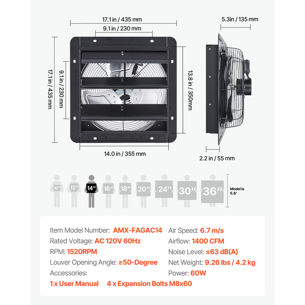 VEVOR 10/12/14/20/24 Inch Window Shutter Exhaust Fan, Wall Mounted Attic Vent Fan with Variable Speed Controller, AC Motor, Heavy Gauge Steel, Low Noise, Black, Ideal for Shed Garage Greenhouse Ventilation Cooling