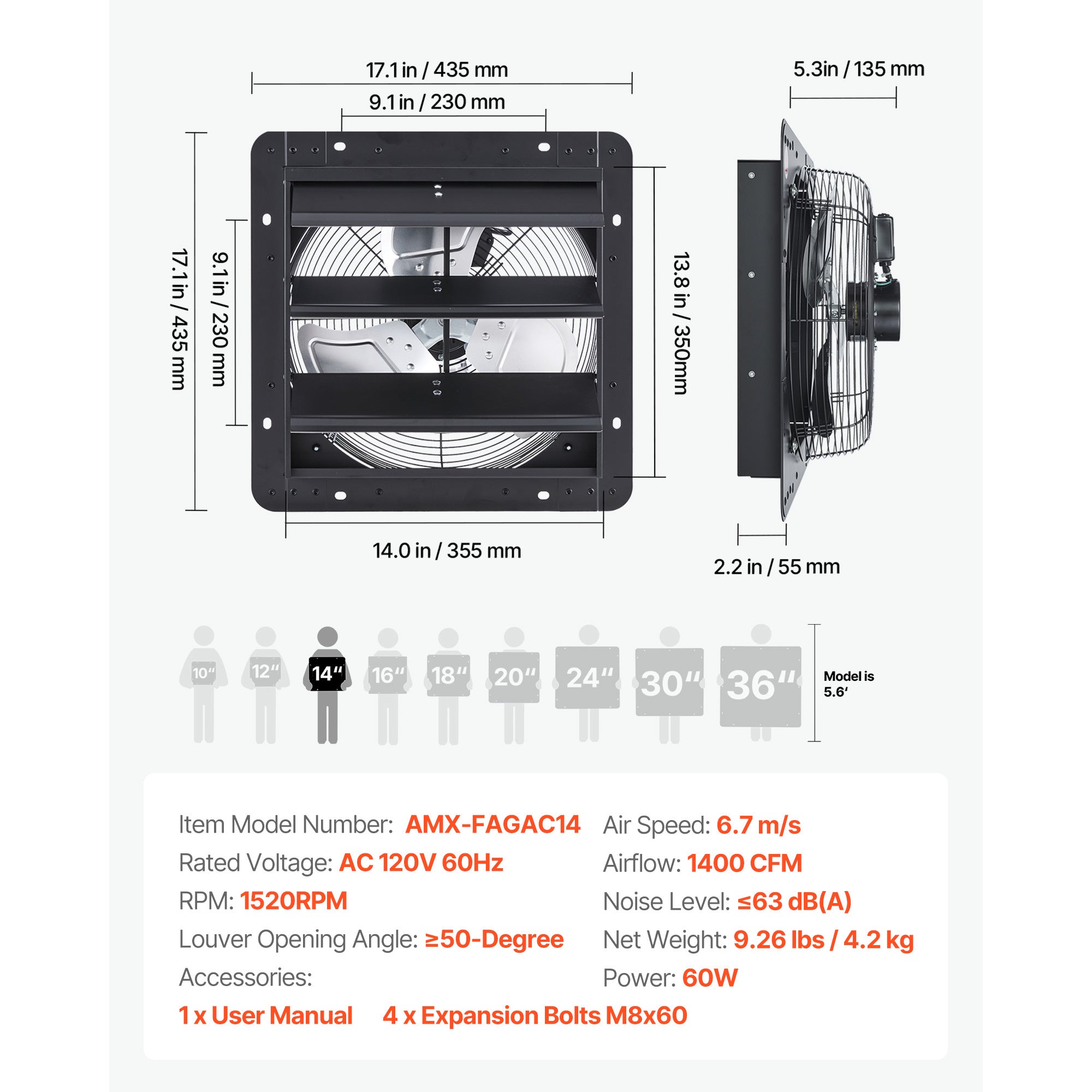 VEVOR 10/12/14/20/24 Inch Window Shutter Exhaust Fan, Wall Mounted Attic Vent Fan with Variable Speed Controller, AC Motor, Heavy Gauge Steel, Low Noise, Black, Ideal for Shed Garage Greenhouse Ventilation Cooling