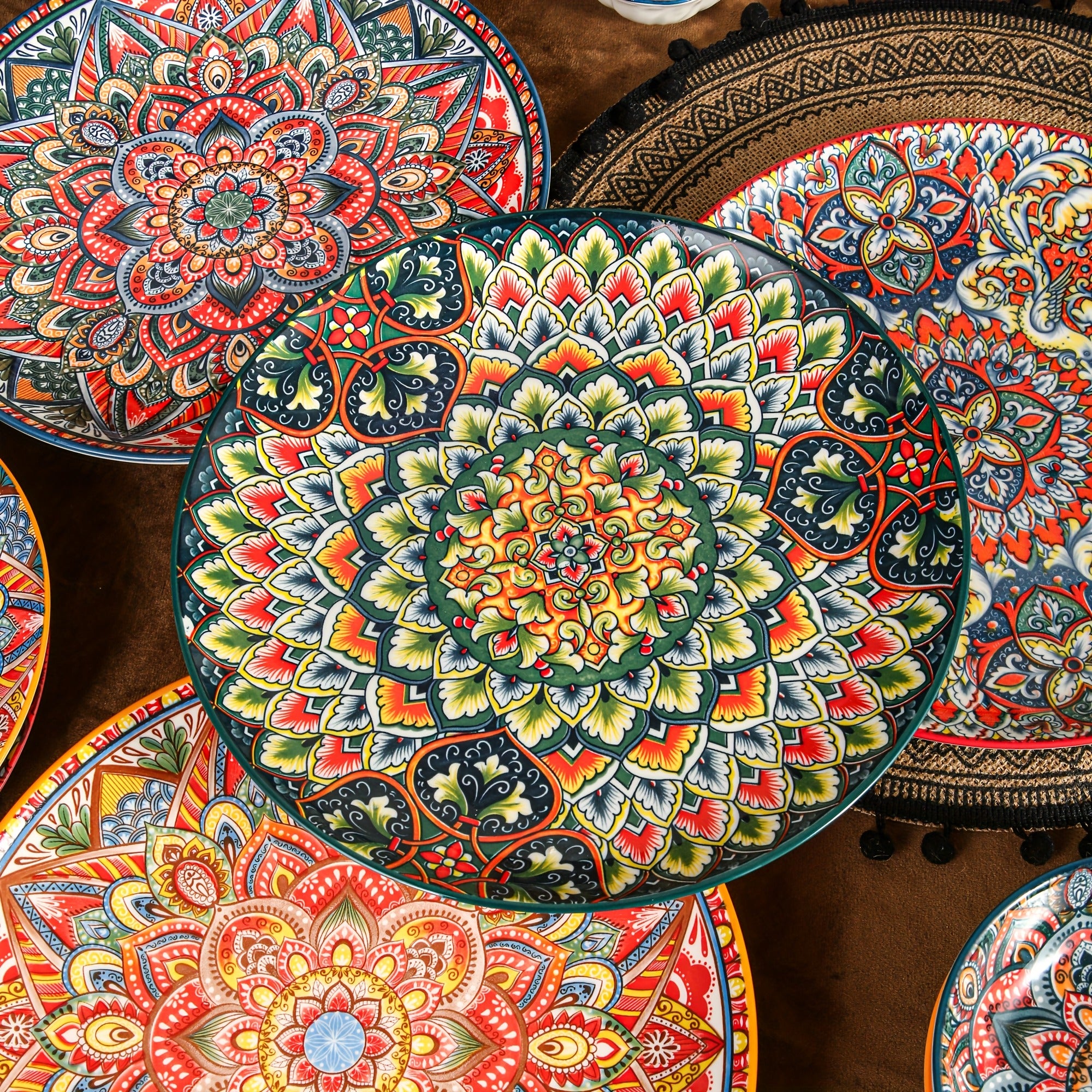10.5-Inch Ceramic Plates, Home & Restaurant Ceramic Dinnerware – Perfect for Steak, Pasta, Fruit, Bread – Bohemian Style Ceramic Dinnerware Set – Microwave & Oven Safe