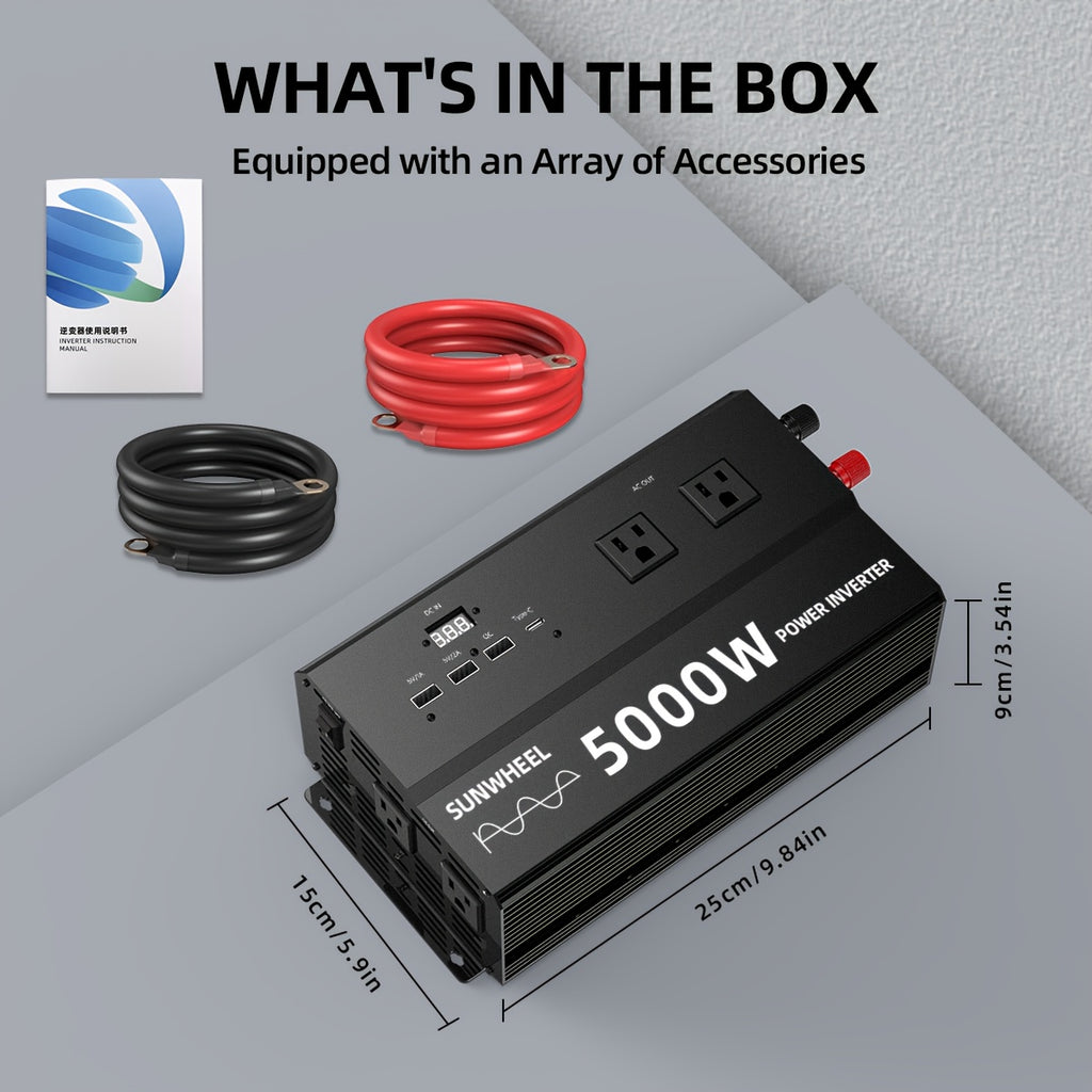 纯正波5000W 4000W 110V车载电源逆变器，快速充电，数字电压显示，智能快速充电，5000W大功率变压器-车载3个USB插头，1个Type-C插头，适用于汽车，家庭，笔记本电脑，卡车，美规插座