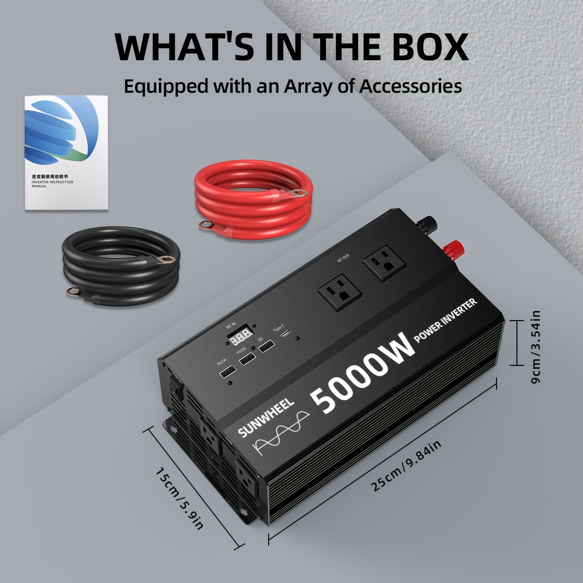 纯正波5000W 4000W 110V车载电源逆变器，快速充电，数字电压显示，智能快速充电，5000W大功率变压器-车载3个USB插头，1个Type-C插头，适用于汽车，家庭，笔记本电脑，卡车，美规插座