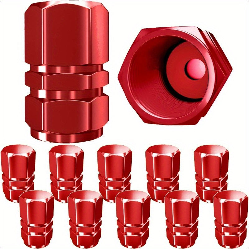 12-Pack Red Hexagon Tire Valve Stem Caps – Premium Metal with Rubber Seal, Universal Fit for Cars, SUVs, Motorcycles, Bicycles & Trucks (Red)