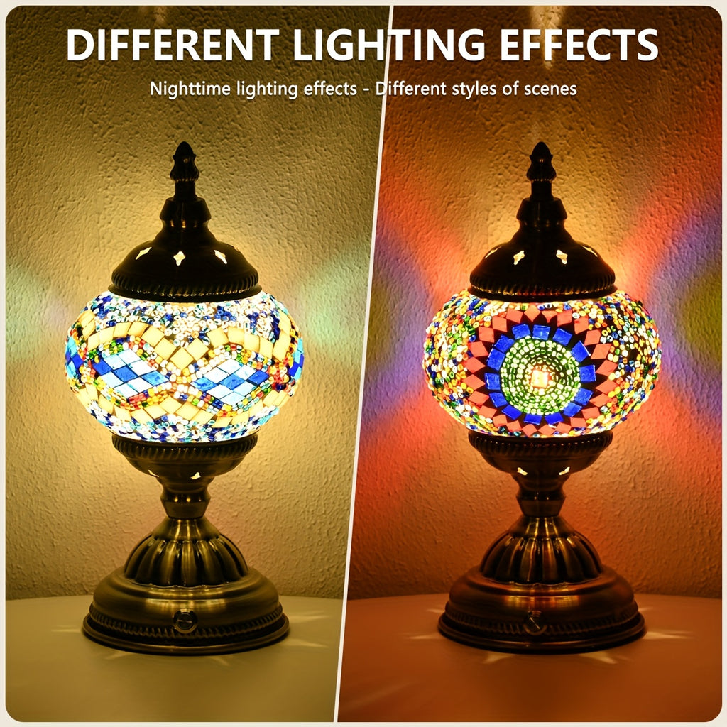 Turkish Moroccan style lantern, bronze base, colorful handmade mosaic glass, bohemian style night light, bedroom decoration, holiday gift (LED bulb included)