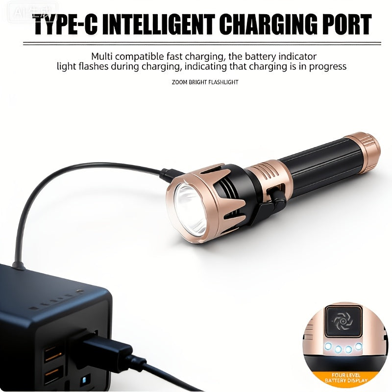 All-Aluminum Flashlight, Includes Small Storage Pouch, Equipped with Durable 5000mAh Battery, Zoomable Lens, Fresnel Lens Ignition Function, A Great Gift Idea. Features a Hands-Free Lanyard Design