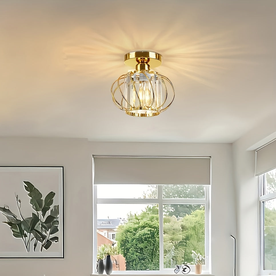 2-Piece Modern Industrial Semi-Flush Mount Pendant Light with Crystal Accents - Polished Metal Cage Design, Semi-Flush Mount Installation for Living Room, Kitchen, Bathroom, Entryway - Bulbs Not Included, Kitchen Lighting