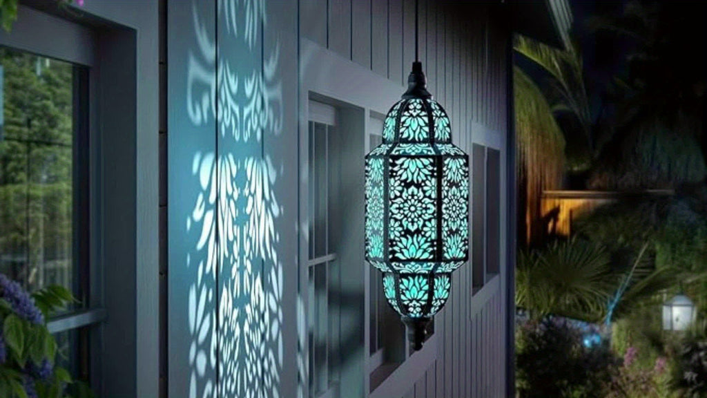 2-Piece Outdoor Solar Lantern, Colorful Moroccan Style Design, IP54 Waterproof Rating and Carved Patterns, Perfect for Decorating Garden, Patio, Walkway, or Halloween.