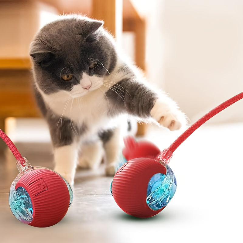 1个带尾绳猫玩具球，智能滚动LED发光互动宠物玩具，自行滚动自动游戏球适用于猫狗，互动跳跃趣味牵引绳