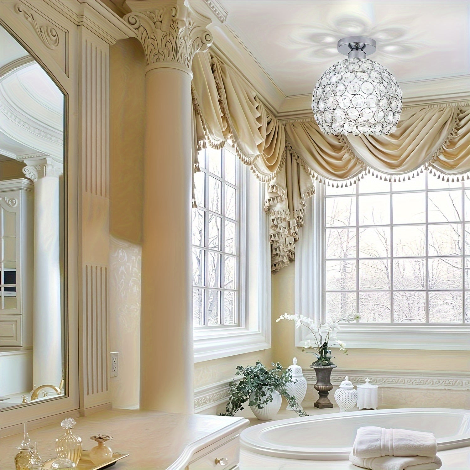 Modern stylish glass ceiling light, modern semi-flush mount silver crystal chandelier, suitable for decorative home lighting in foyer, closet, entryway, kitchen, bedroom, dining room, etc.