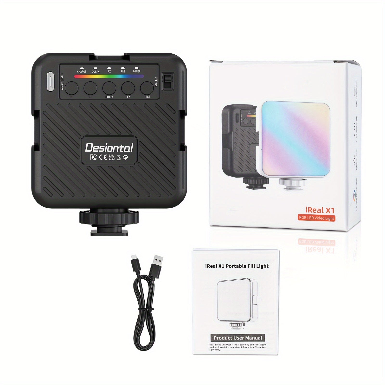 Desiontal iReal X1全彩RGB补光灯vlog相机拍摄柔光美颜灯带LED三色温3000-6500K模式户外便携手机自拍摄影打光静物拍摄 冷靴座和1/4螺孔安装