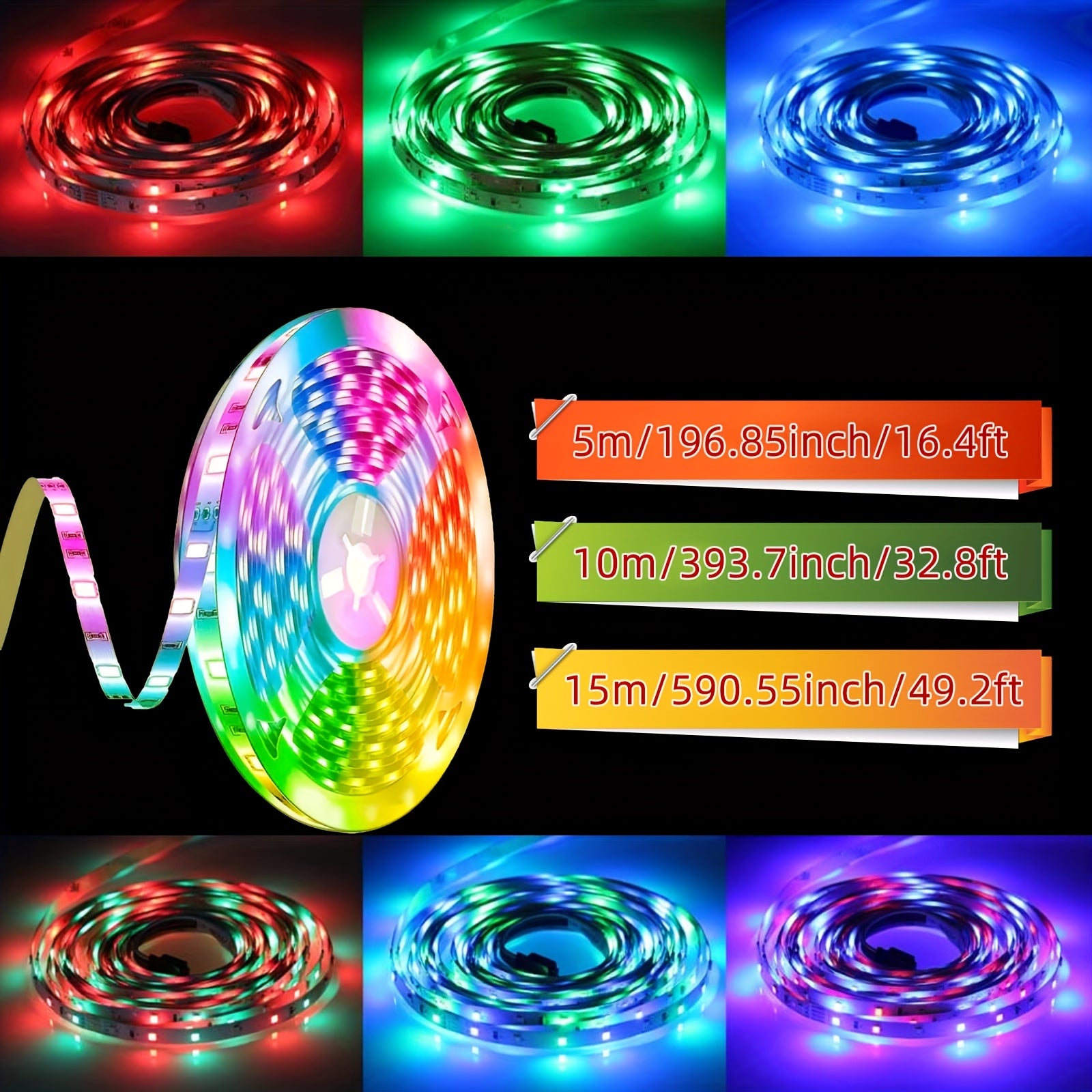 LED灯带 196.85英寸/393.7英寸/590.55英寸，45颗LED每米，USB供电，3键控制，静态与动态模式，卧室、天花板、派对氛围装饰照明，便捷安装