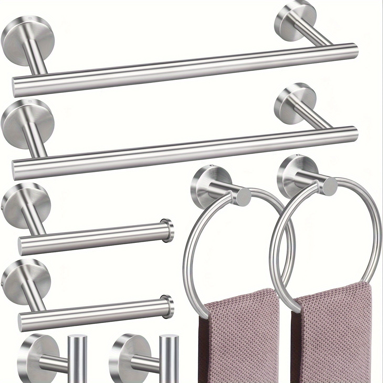 8-Piece 23.6" Bathroom Towel Rack Set - Includes 2 Towel Bars, 2 Towel Hooks, 2 Towel Rings, 2 Tissue Holders - Brushed Silver Bathroom Accessory Set