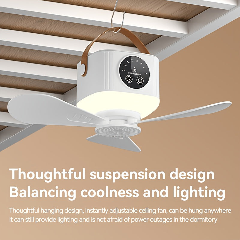 Portable Hanging Fan Light, 2-in-1 Camping Fan with Light, Adjustable Wind Speed, Leather Handle, Mini Silent Fan, Suitable for Bedroom, Dormitory, Office, Travel and Outdoor Use