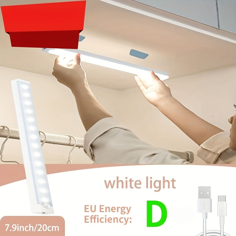 1个 3.94-19.69英寸 LED 智能运动探测灯条 - 无线 USB 供电暖白光 - 冷白光橱柜下照明，磁性粘合安装，易于安装，非常适合衣柜、橱柜和楼梯