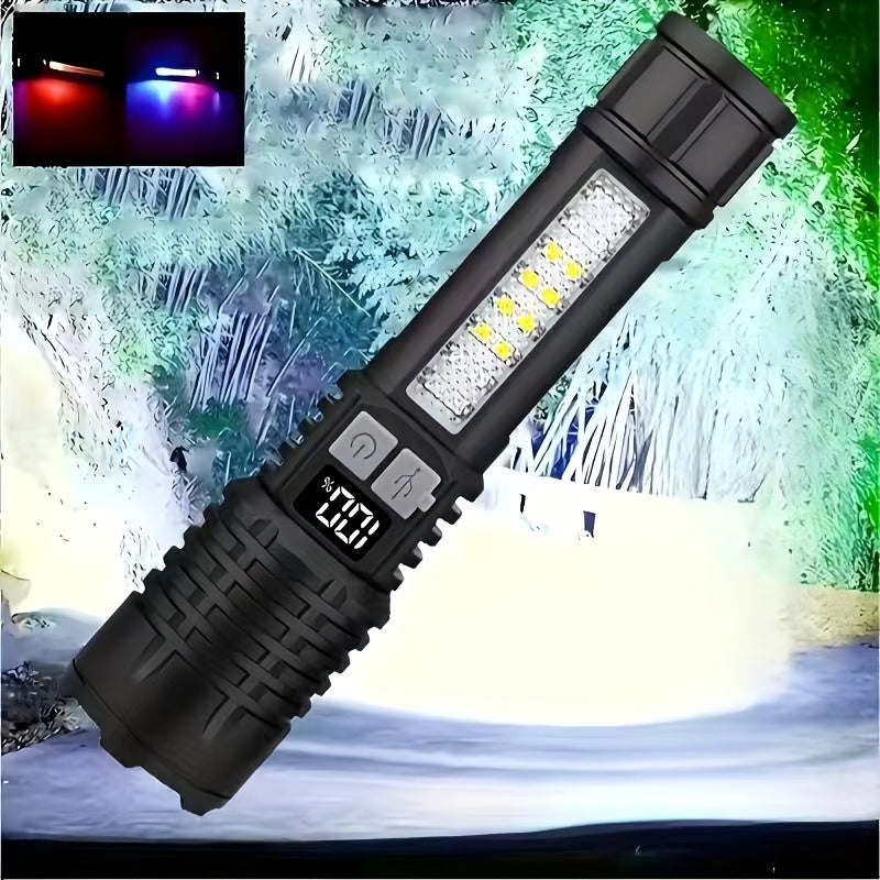 1Pc Super Bright XHP70 Powerful LED Flashlight, Power Bank Flashlight, USB Rechargeable Camping Tactical Flashlight with COB Light, Ideal for Camping and Emergency Use