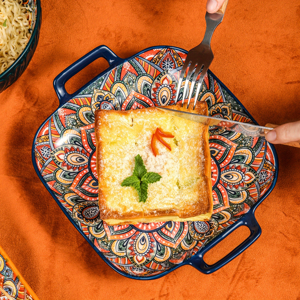 2-Piece / 4-Piece Ceramic Baking Set – 9-Inch Square Plates, Bohemian Style – Perfect for Pasta, Oven &amp; Catering – Multi-Purpose Kitchen &amp; Dining Essential