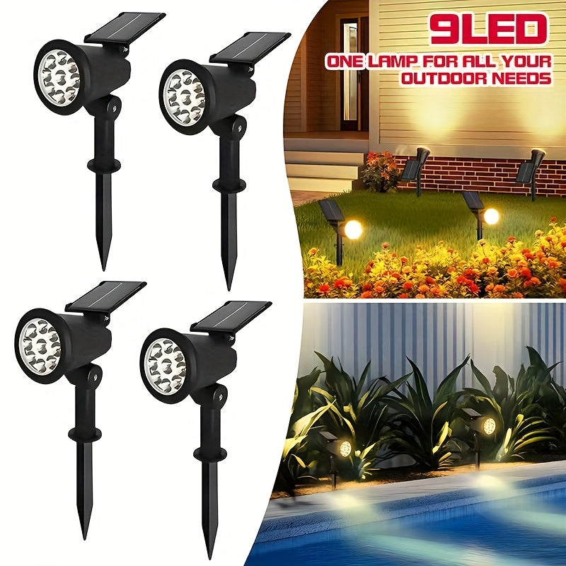 A set of 4 outdoor spotlight fixtures, featuring 9 LED solar lights, equipped with adjustable brightness and RGBW color-changing function. These landscape lights are easy to install, suitable for gardens, driveways, patios