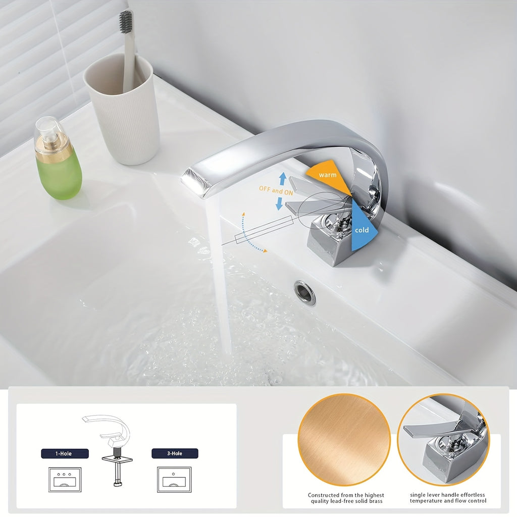 Single Handle Mixer Faucet for Bathroom Sink - Waterfall Design, Hot & Cold Water, Includes 2 US Standard 9/16" Hoses - Available in Matte Black, Brushed Nickel & Polished Chrome