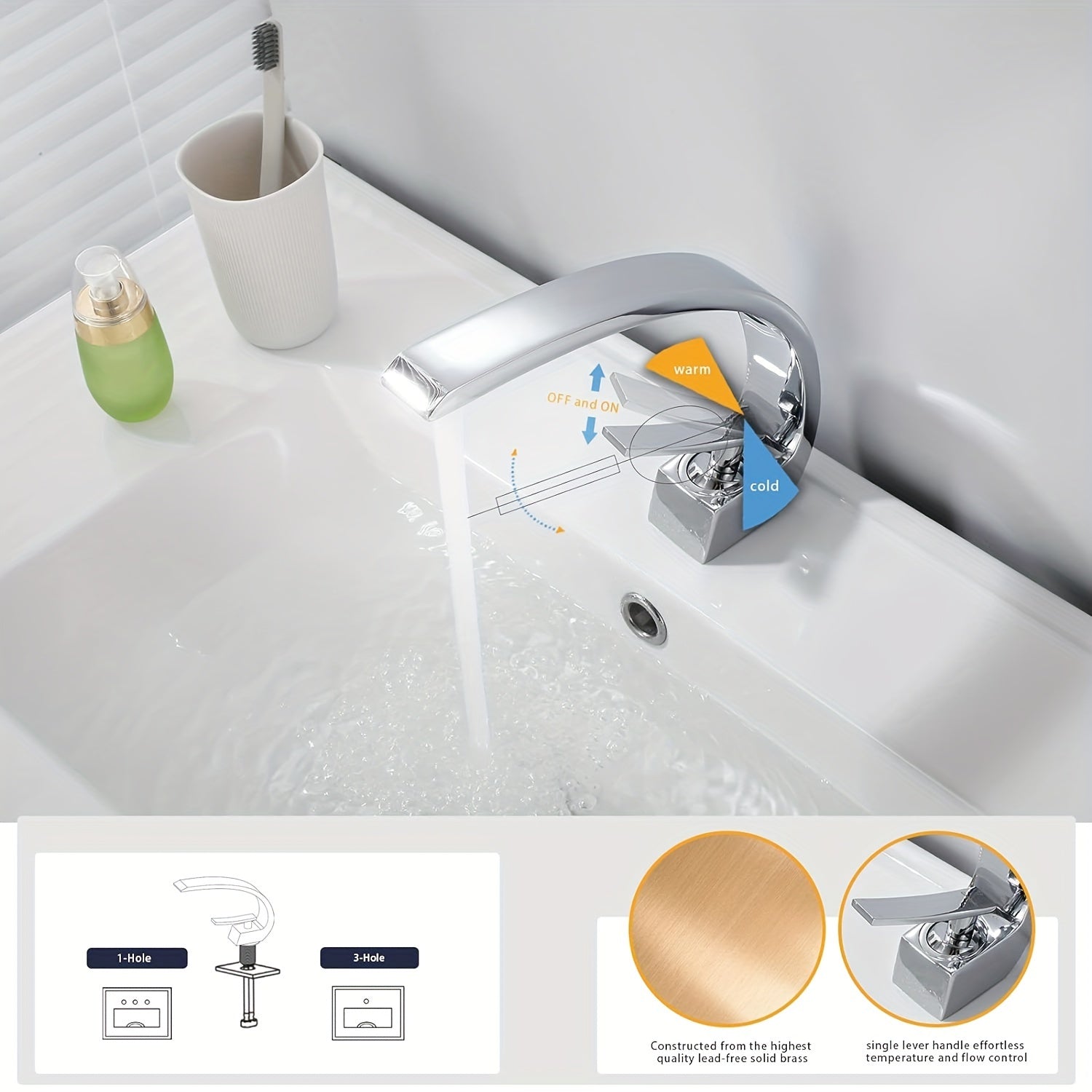 Single Handle Mixer Faucet for Bathroom Sink - Waterfall Design, Hot & Cold Water, Includes 2 US Standard 9/16" Hoses - Available in Matte Black, Brushed Nickel & Polished Chrome