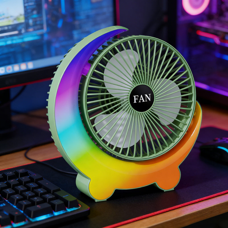 9.45 Inch Desktop Fan, 3 Speed Adjustable Summer Cooling Fan, Fast Cooling Running Light Fan, 1200mAh Long Lasting Battery Multifunctional Rotating Desk Fan, USB Rechargeable Portable Fan for Home Dormitory Office Indoor Use