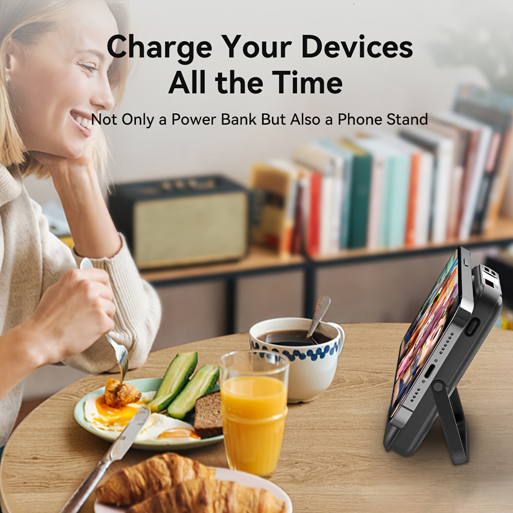 3 in 1 Wireless Power Bank for Summer, Featuring a 20000Mah Magnetic Charger with a Digital Display And Stand. This Portable Battery Pack Is Compatible with Mobile Phones, Headphones, And Watches