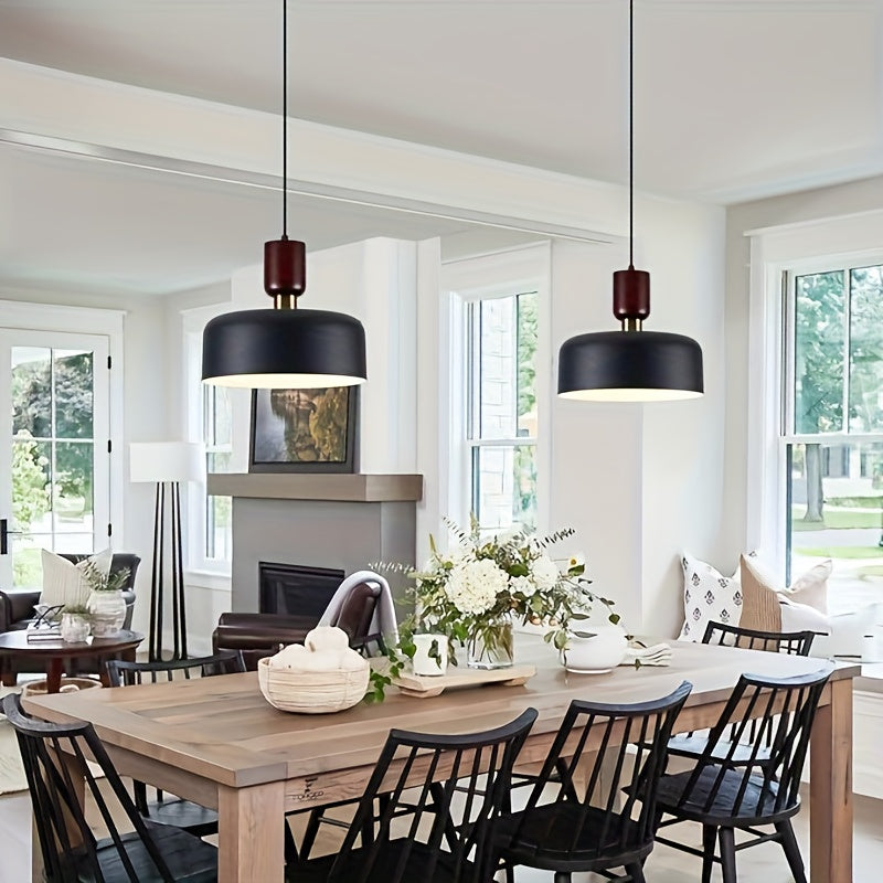 Nordic modern wood metal decorative pendant light - suitable for dining room, kitchen island, sloped ceiling, height adjustable, 12-inch diameter black and white drum lampshade (bulb not included)