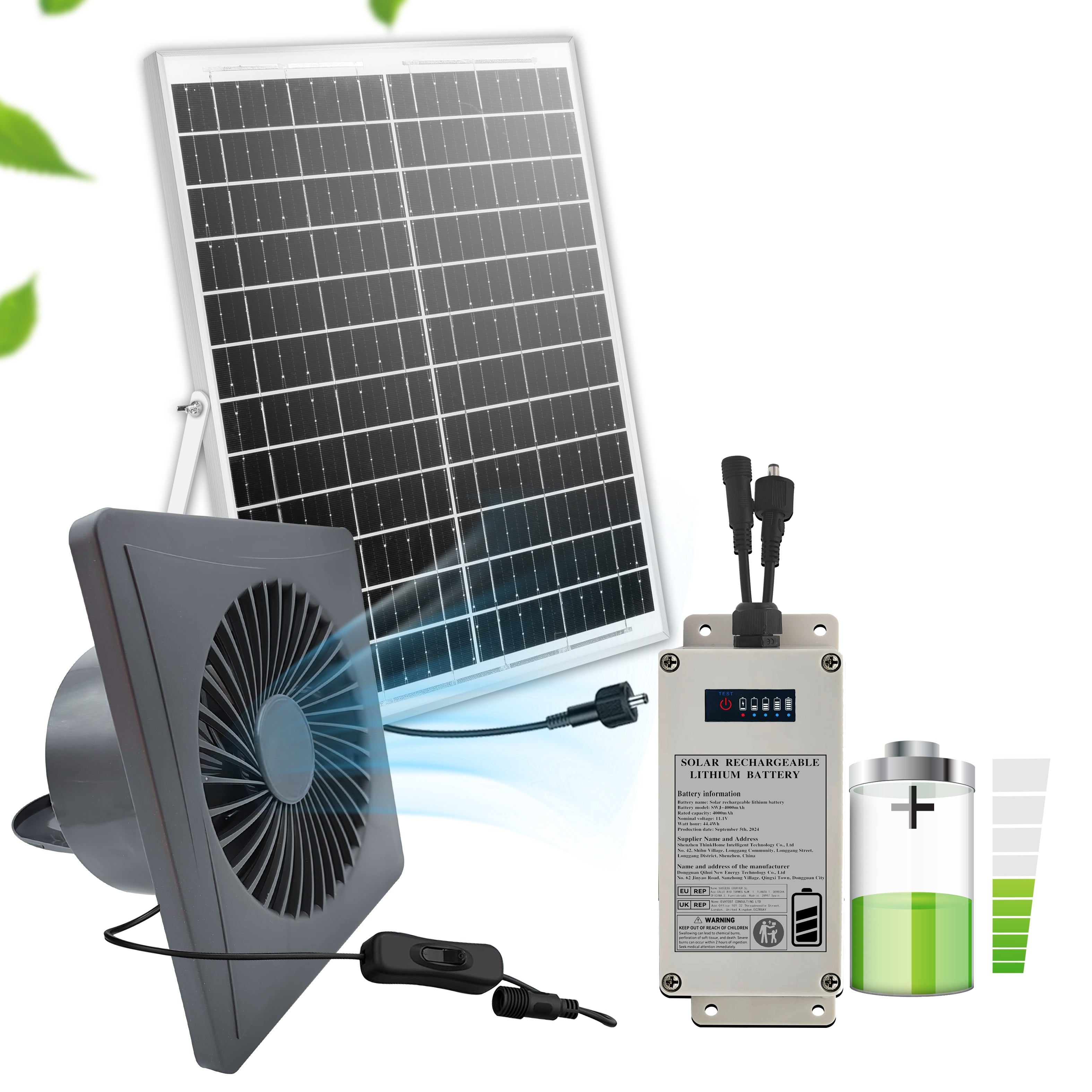 Solar Fan with Battery - 4/6/8 Inch, Gray | Includes 25W Solar Panel and 4000mAh Lithium Battery Kit, Suitable for Greenhouse Cooling, Shed, Chicken Coop and Pet House Ventilation
