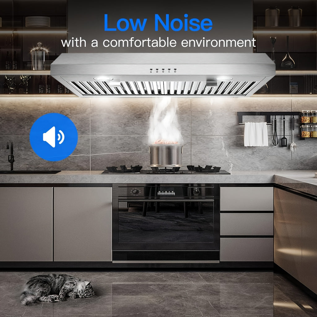 30-Inch Under-Cabinet Chimney, 3 Ventilation Modes, Stainless Steel Chimney, Under-Cabinet Chimney 3-Speed Fan, Kitchen Ventilation Chimney 30-Inch, Baffle Filter, LED Light