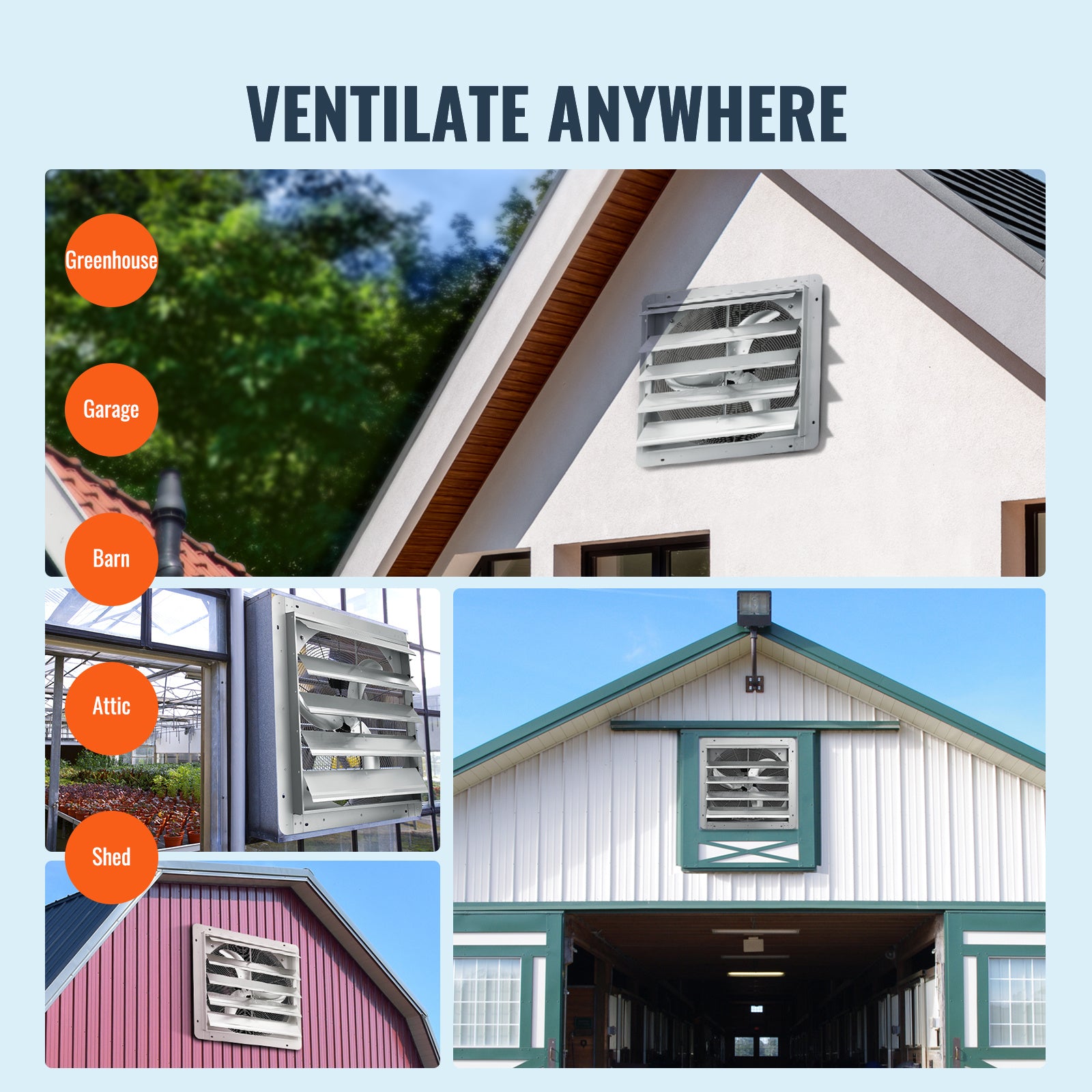 VEVOR 10''/16''/24'' Fan Shutter Exhaust Fan, Aluminum Wall Mount Attic Fan with AC Motor, Ventilation & Cooling for Greenhouse Garage Shed Store
