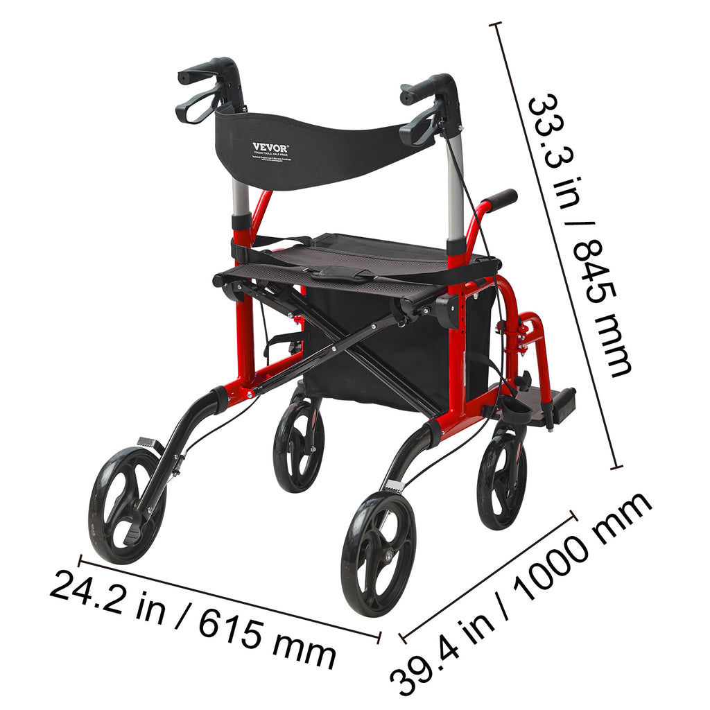 VEVOR 2合1助行器与轮椅，折叠式滚轮助行器，带脚踏，轻质铝合金，带可调节手柄，多地形轮，300磅承重，黑色/红色/蓝色