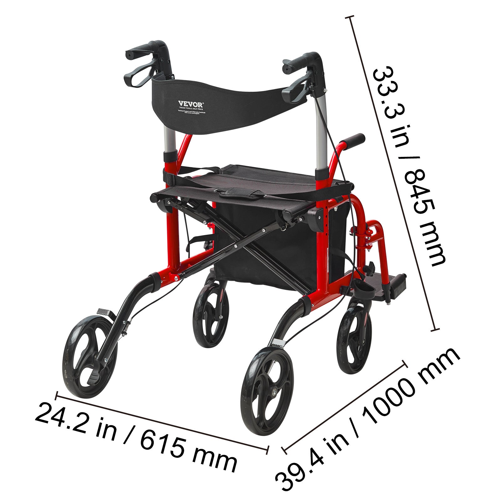 VEVOR 2合1助行器与轮椅，折叠式滚轮助行器，带脚踏，轻质铝合金，带可调节手柄，多地形轮，300磅承重，黑色/红色/蓝色