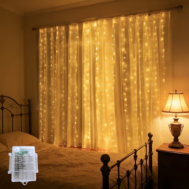 2个型号（200LED/300LED）可选的LED窗帘串灯，8种闪烁模式暖白光，卧室窗户墙壁装饰，婚礼母亲节感恩节节日灯，万圣节圣诞节新年氛围串灯