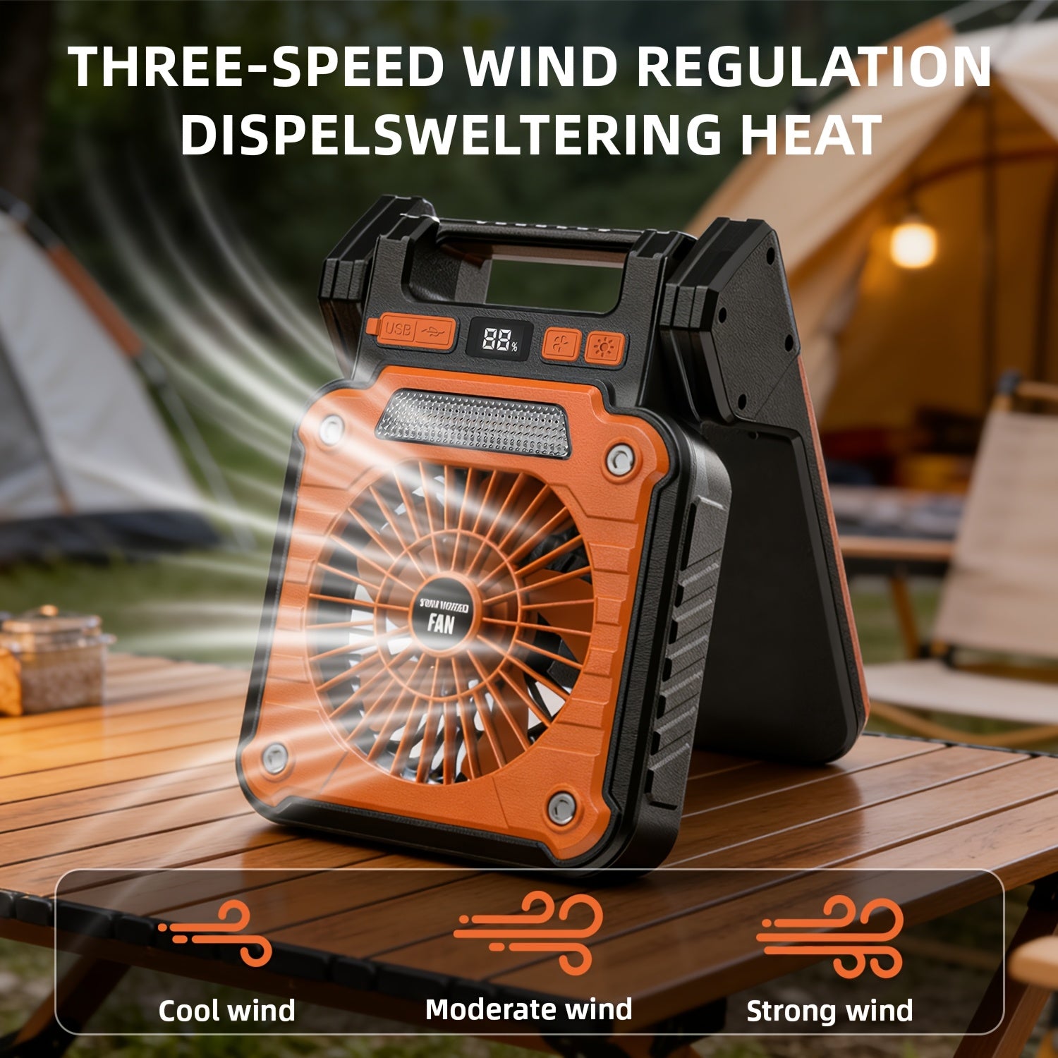 1PC Portable Foldable Solar Camping Fan with LED Light, 3 Speed Levels Adjustable, 5 Lighting Modes, Power Indicator & Power Output Function, 180° Angle Adjustment, Built-in Hook, Perfect for Camping