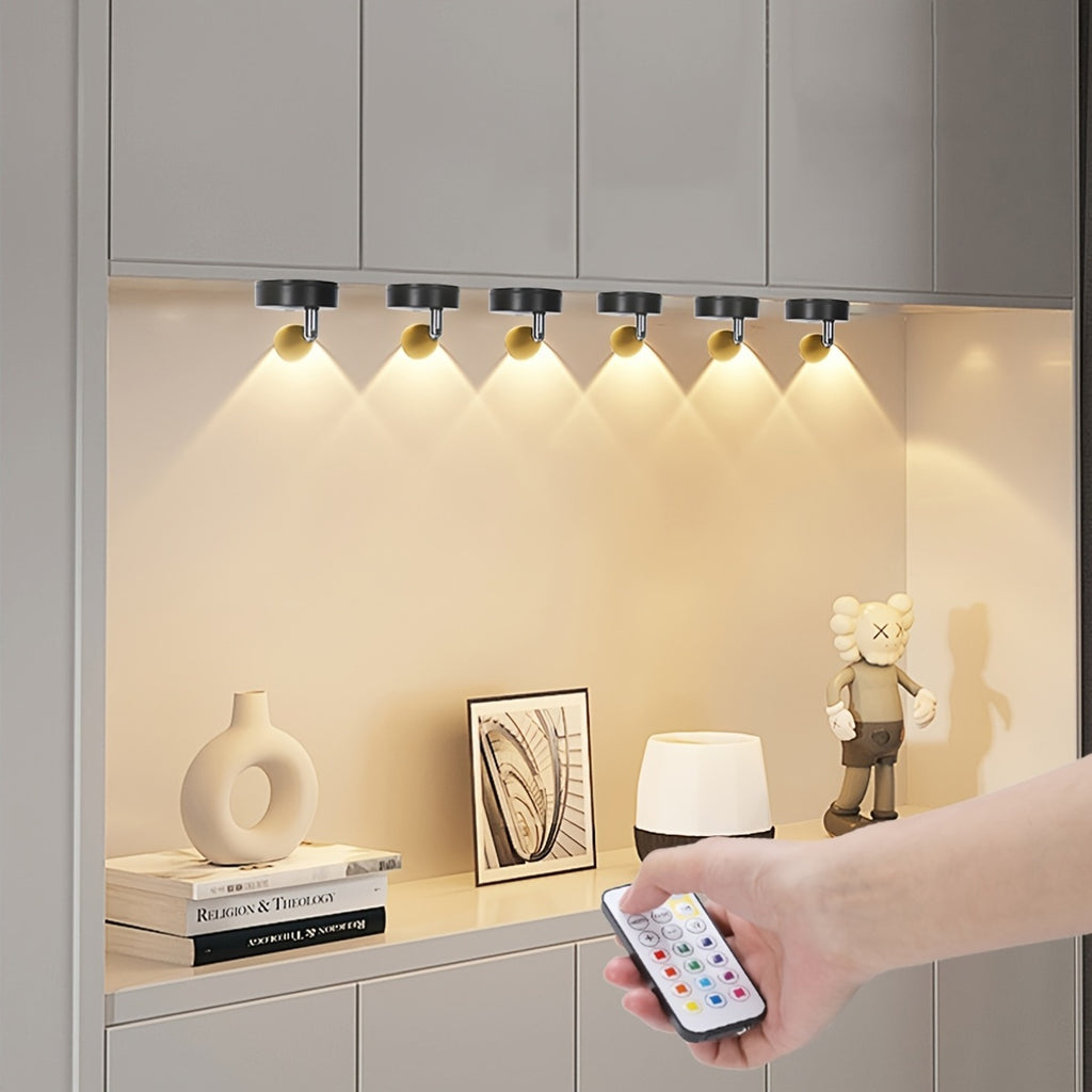 Remote Control Ambient Spotlight, Adjustable Multi-Color Night Light, Creative Lens 360° Rotatable Wall Lamp, 3 AA Battery Powered, Dimmable Stick-On Decorative Spotlight for Indoor Decoration