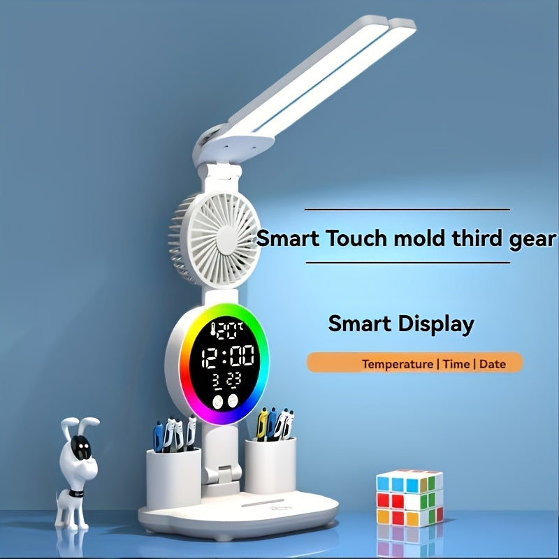 2-Head / 4-Head Optional Smart Desk Lamp with Fan & Pen Holder, USB Powered Touch Control, Adjustable Dual Lighting, Time & Temperature Display, Color Changing, Eye-Caring Modern Touch Lamp, Multifunctional Fashion Durable Plastic Lamp