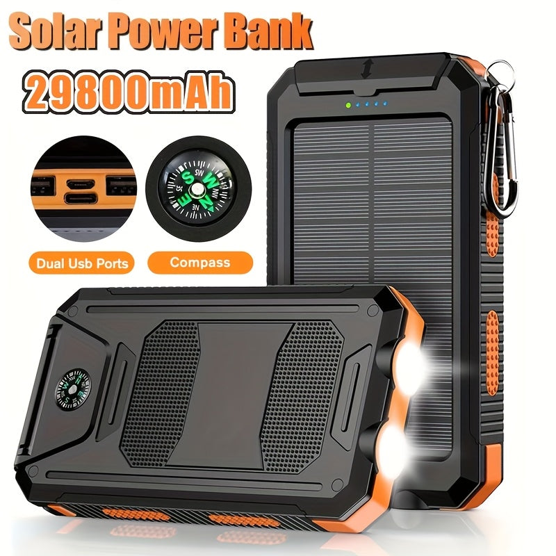 Portable Solar Mobile Phone Charger, Camping External Battery Charger for Mobile Phones, 2 USB/ LED Flashlights with Compass for Outdoor Activities, 19800/ 29800mAh Portable Solar Power Bank, the Best Gift for Festival